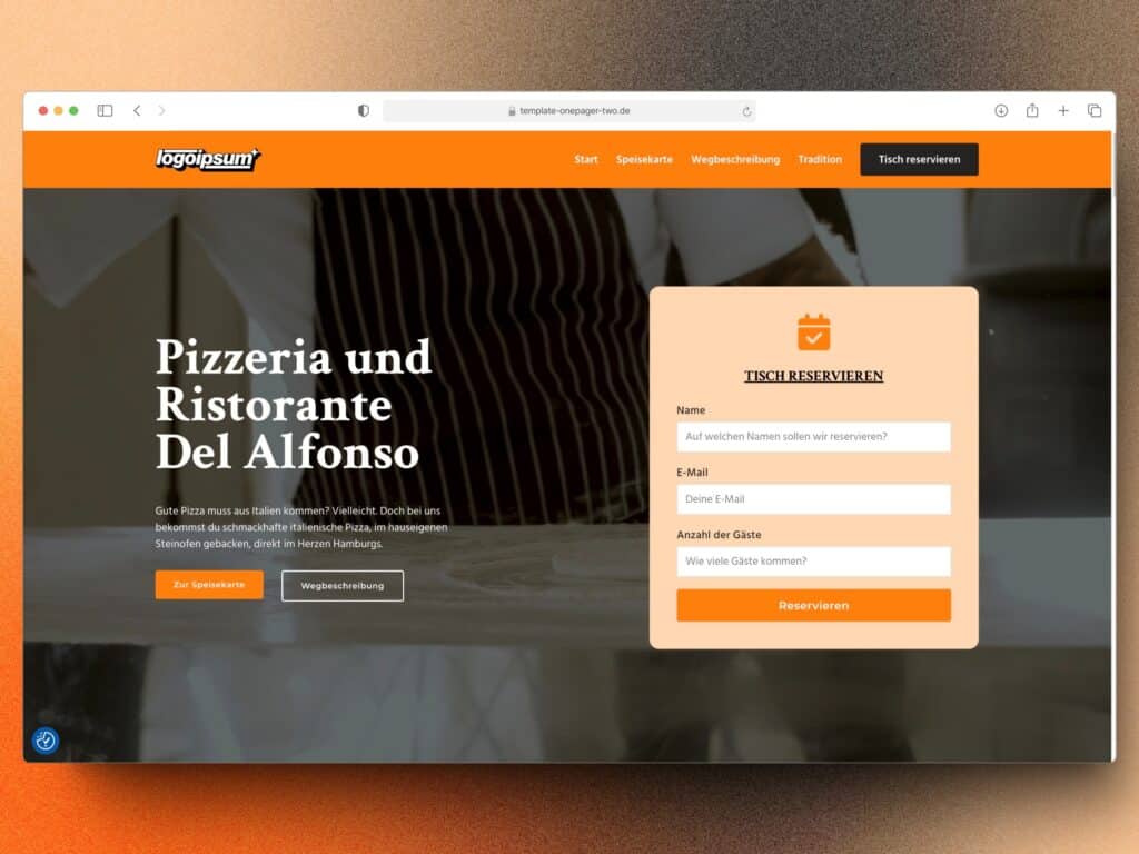 Webseite der Pizzeria Del Alfonso mit Reservierungsoption