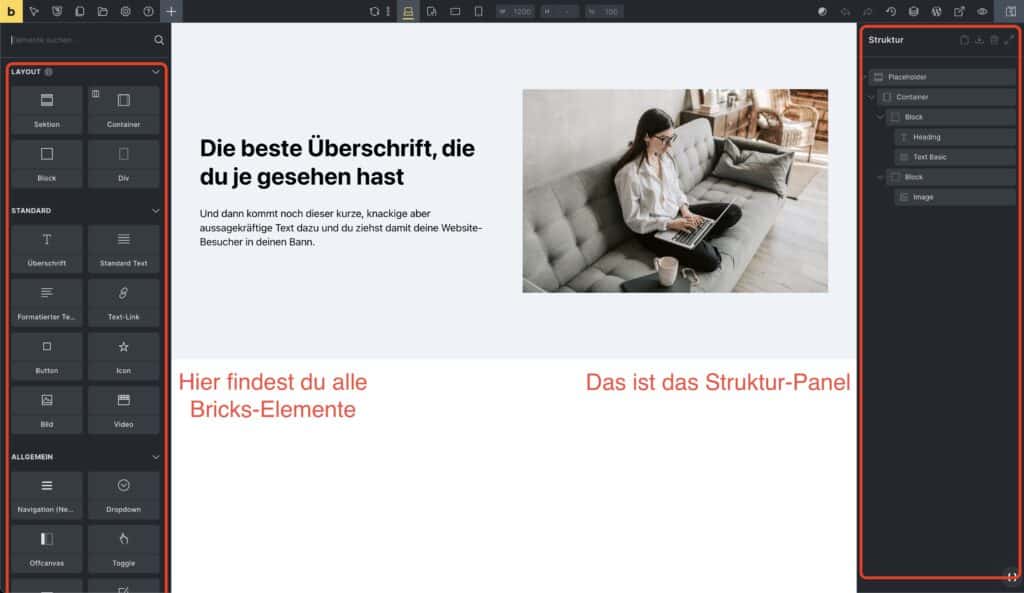 Bricks Interface Übersicht