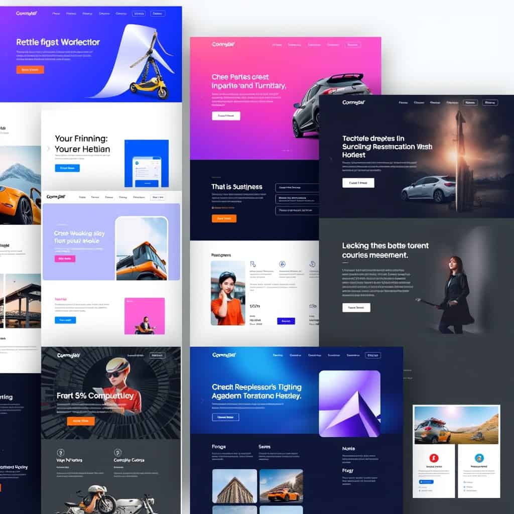Verschiedene bunte Webseiten-Designs auf einer Seite.