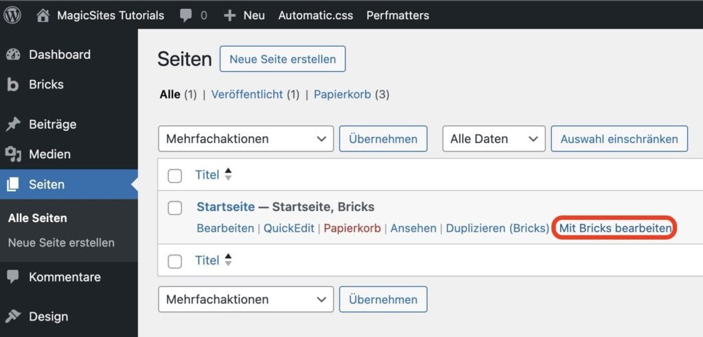 WordPress-Seitenübersicht mit Bricks-Editor