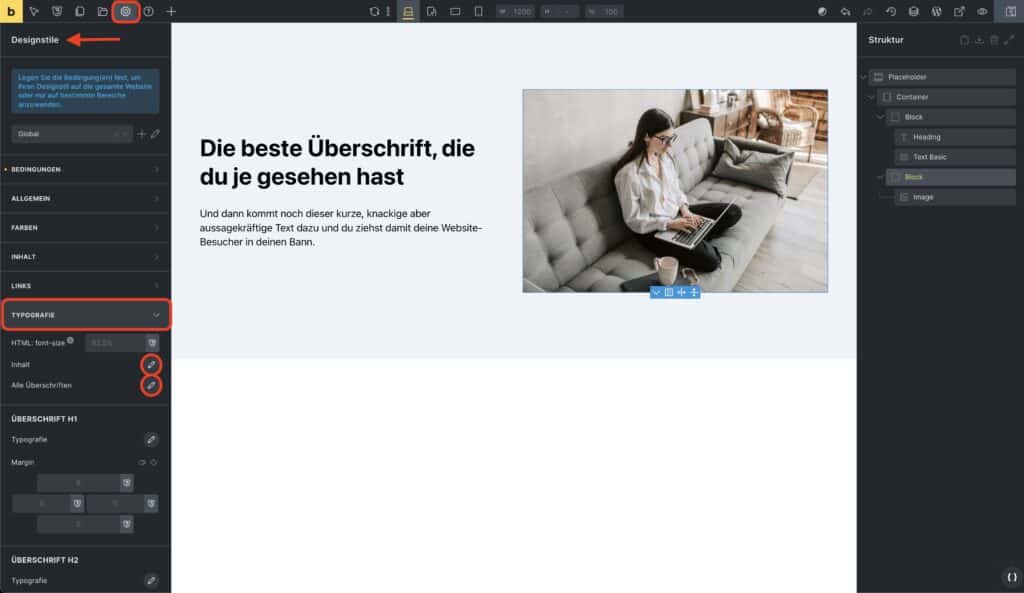 Webdesign Studio Einstellungen Übersicht Bildschirm